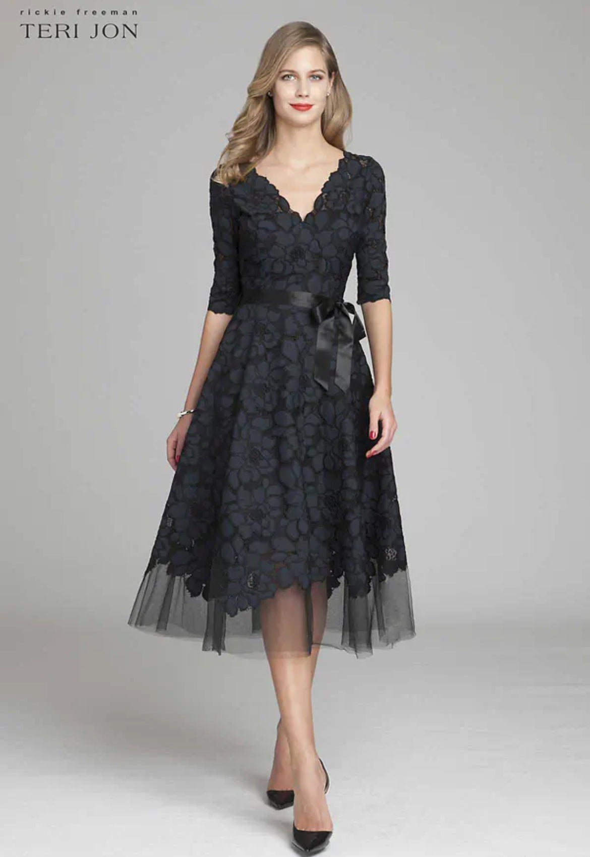 TERI JON - 3/4 Sleeve Lace and Tulle Fit And Flare Dress in Navy