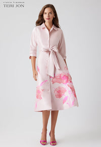 TERI JON - Mikado Floral Bordered Print Shirt Dress in Blush Multi