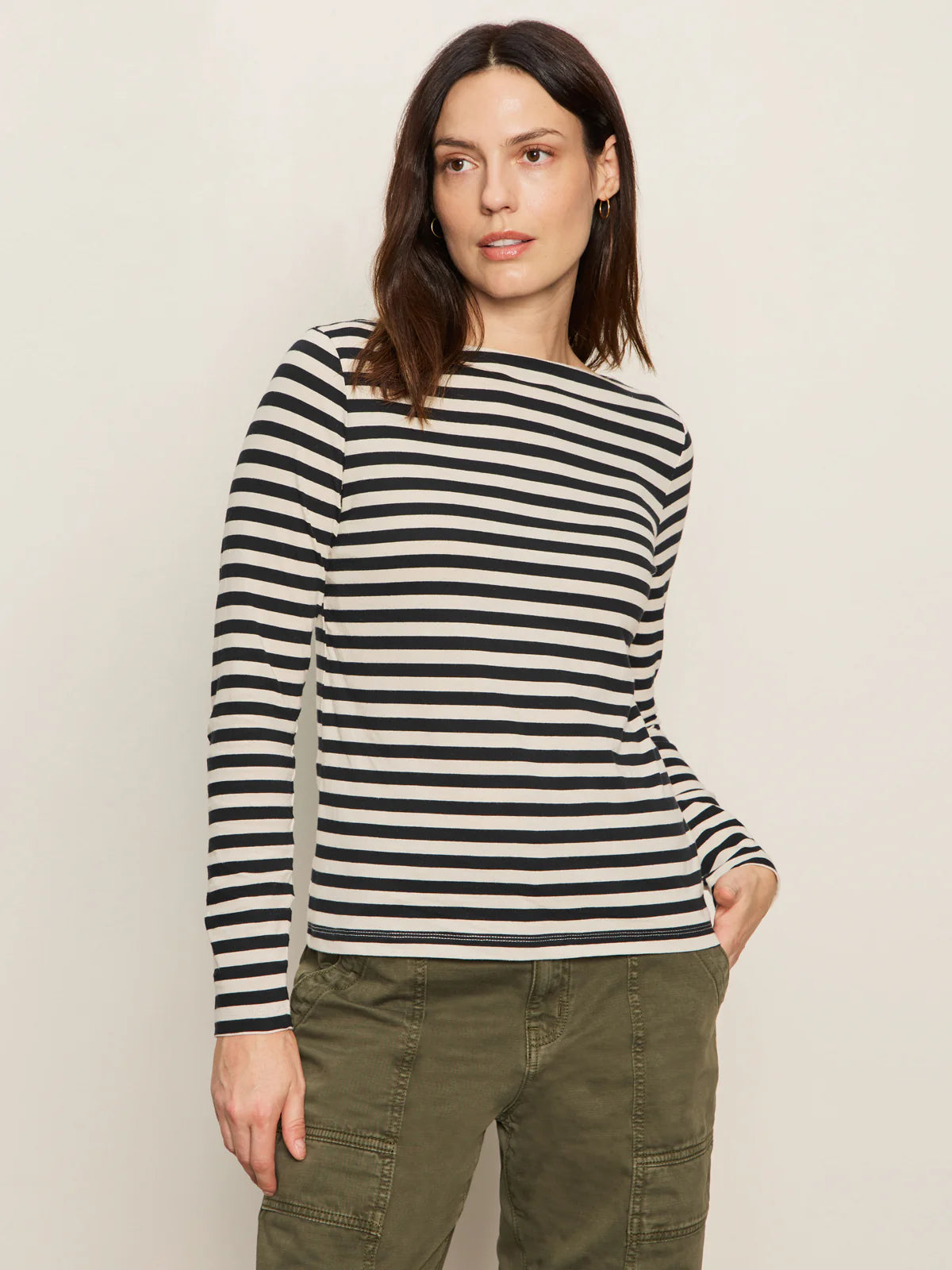 Sanctuary - Longsleeve Boatneck Tee in Light Oat/Black Stripe