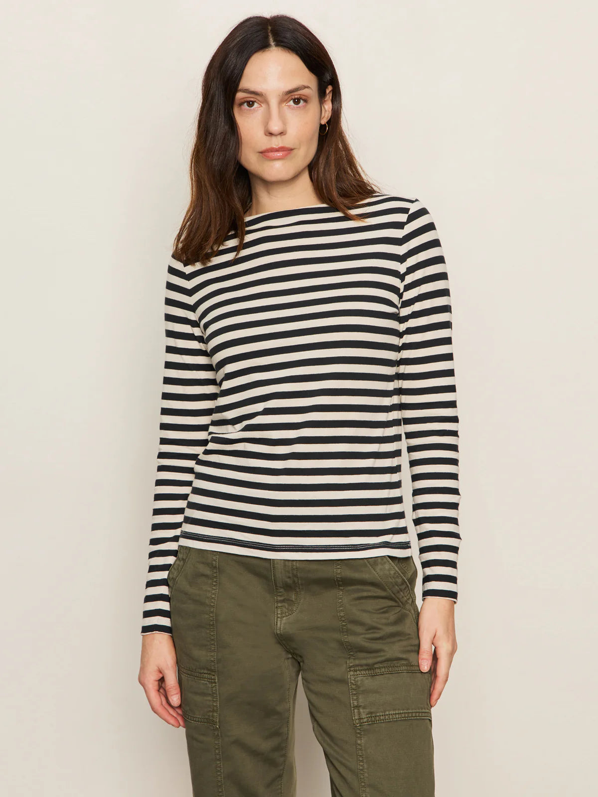 Sanctuary - Longsleeve Boatneck Tee in Light Oat/Black Stripe