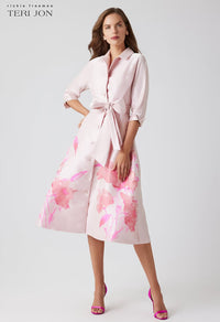 TERI JON - Mikado Floral Bordered Print Shirt Dress in Blush Multi