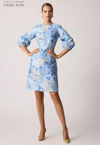 TERI JON - Jacquard Elbow Sleeve Fit And Flare Dress in Light Blue Multi