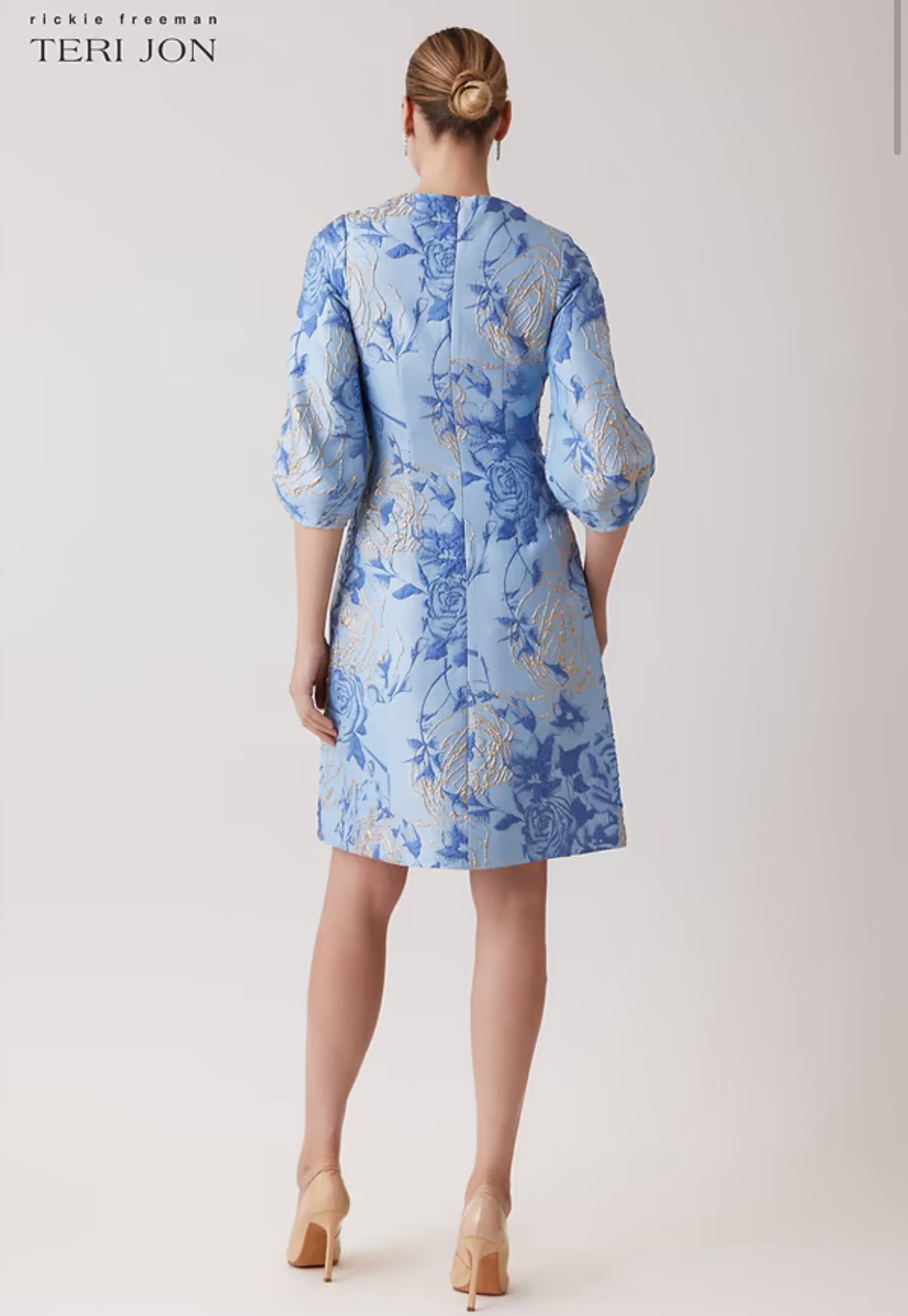 TERI JON - Jacquard Elbow Sleeve Fit And Flare Dress in Light Blue Multi