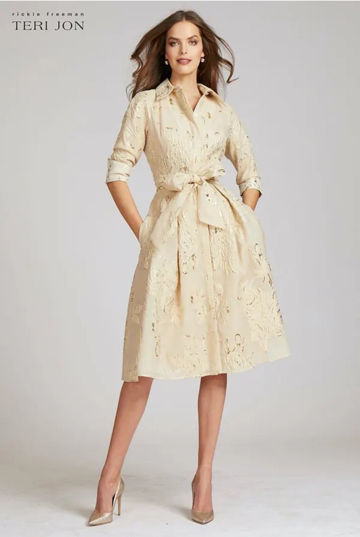 TERI JON - Metallic Jacquard Shirt Dress with Floral Print in Champagne