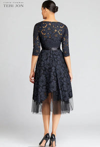 TERI JON - 3/4 Sleeve Lace and Tulle Fit And Flare Dress in Navy