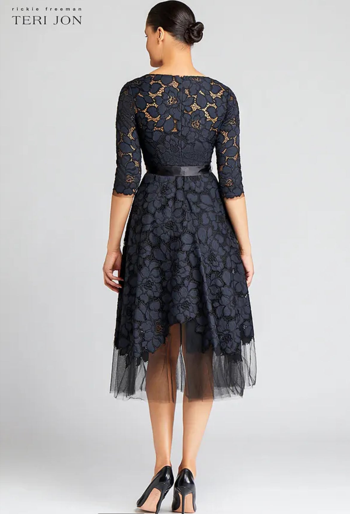 TERI JON - 3/4 Sleeve Lace and Tulle Fit And Flare Dress in Navy