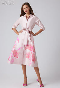 TERI JON - Mikado Floral Bordered Print Shirt Dress in Blush Multi
