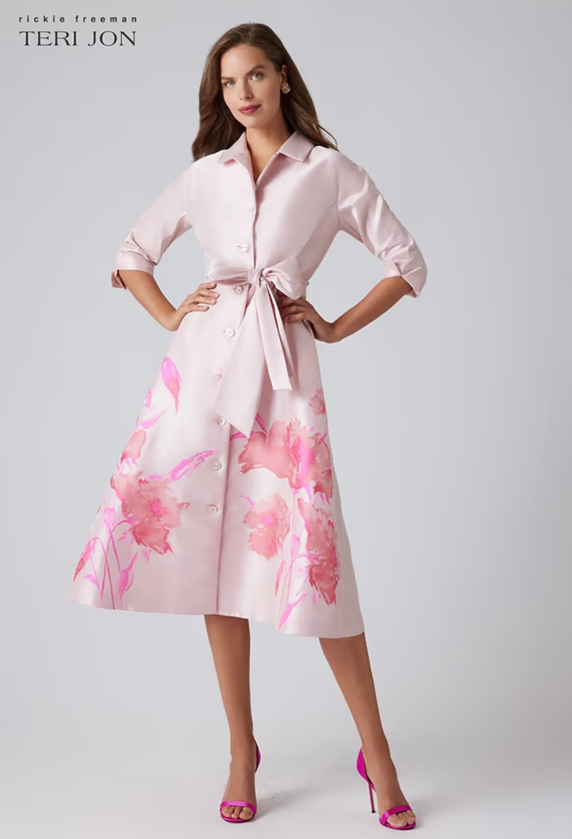 TERI JON - Mikado Floral Bordered Print Shirt Dress in Blush Multi