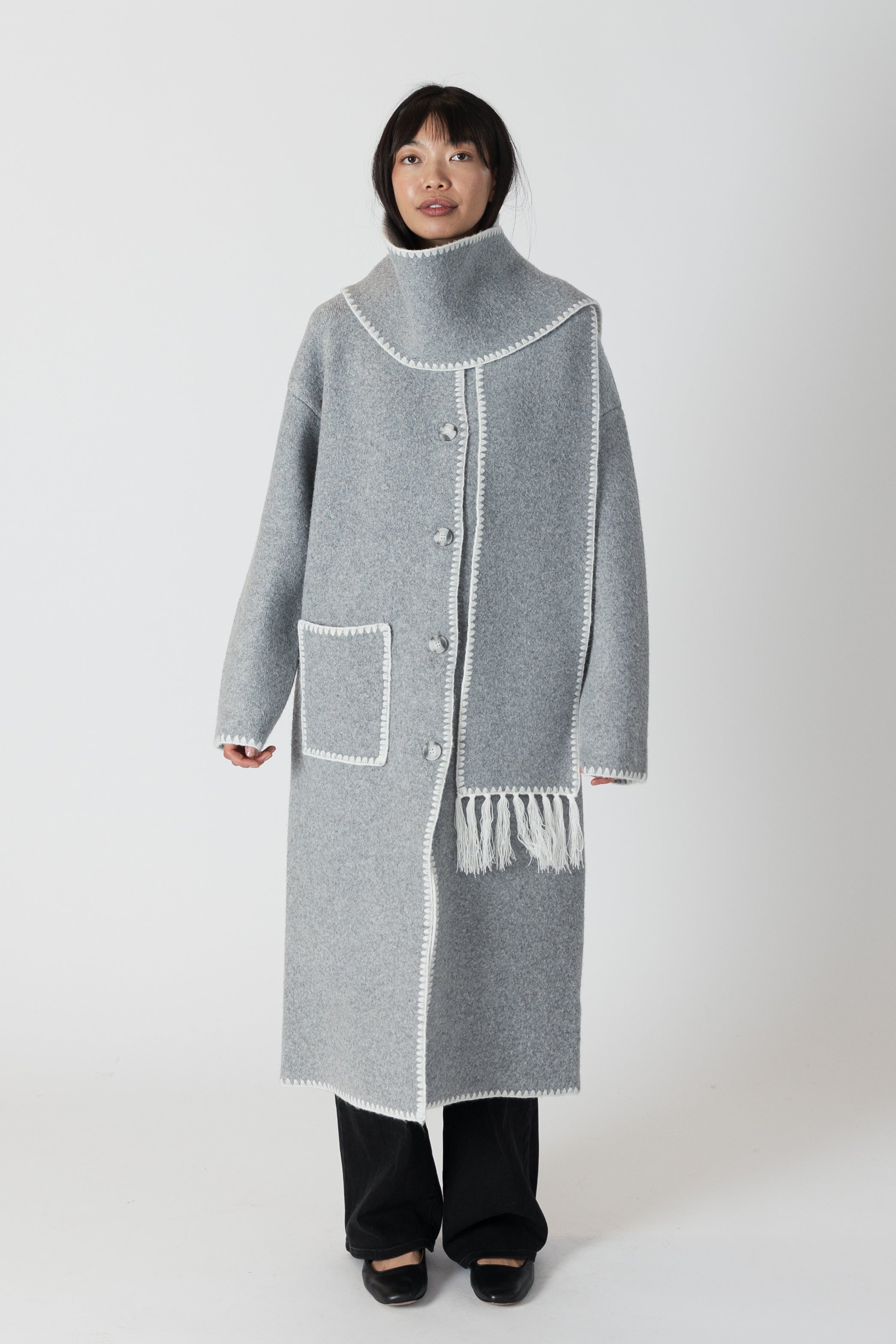 Lyla & Luxe - Delaney - Long Coat w/ Scarf Whip Stitch in Medium Grey