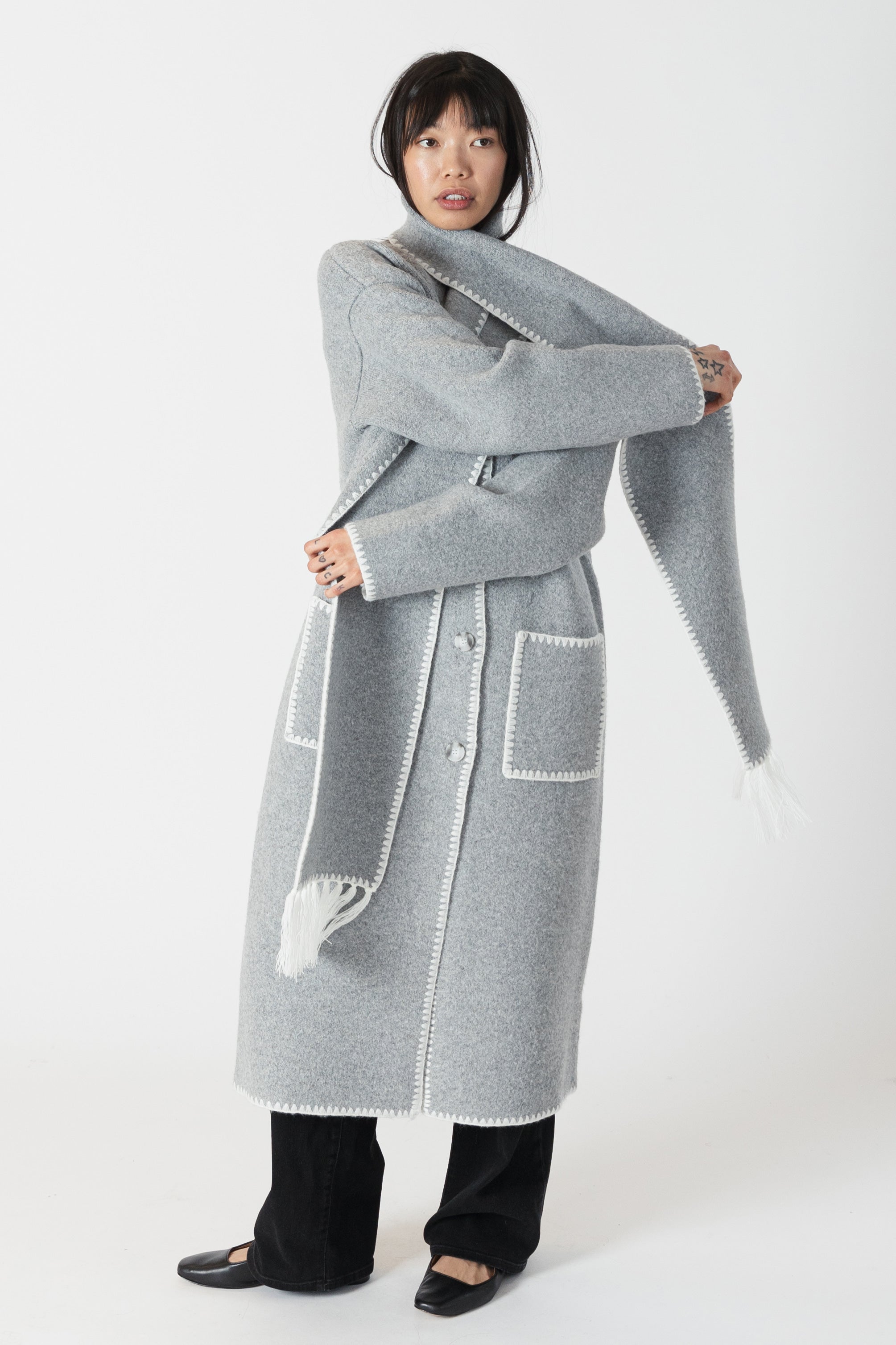 Lyla & Luxe - Delaney - Long Coat w/ Scarf Whip Stitch in Medium Grey