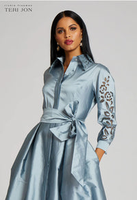 TERI JON - Taffeta Shirt Dress with Eyelet Sleeve and Collar in Slate