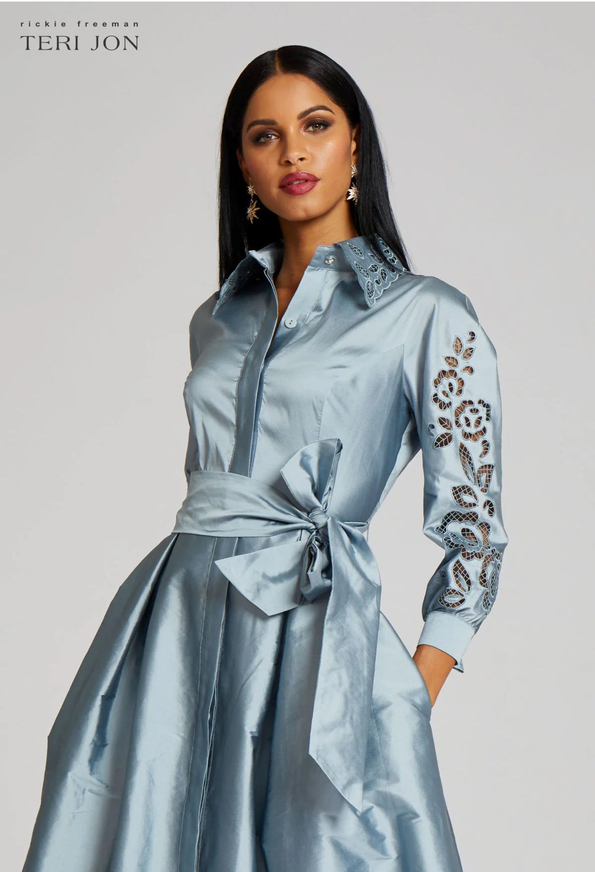 TERI JON - Taffeta Shirt Dress with Eyelet Sleeve and Collar in Slate
