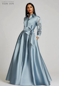 TERI JON - Taffeta Shirt Dress with Eyelet Sleeve and Collar in Slate