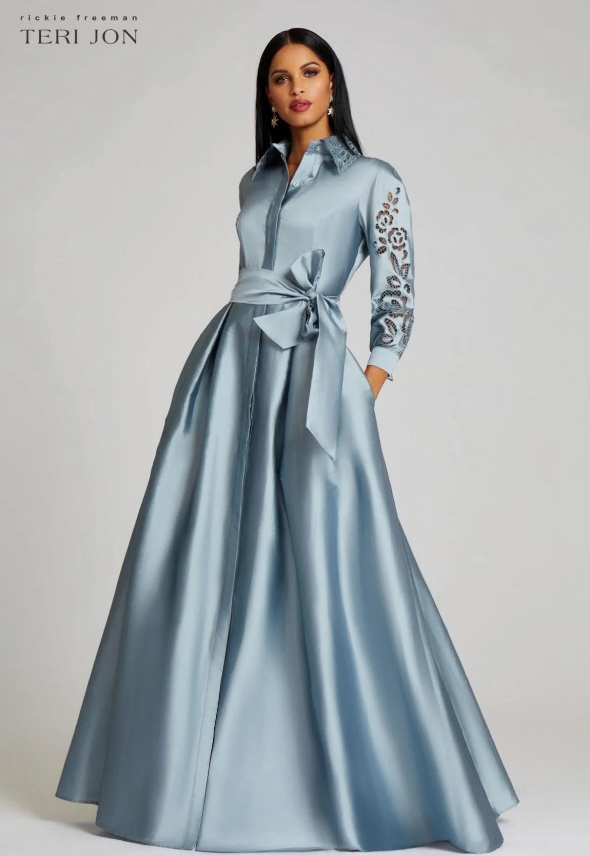 TERI JON - Taffeta Shirt Dress with Eyelet Sleeve and Collar in Slate