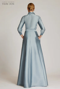 TERI JON - Taffeta Shirt Dress with Eyelet Sleeve and Collar in Slate