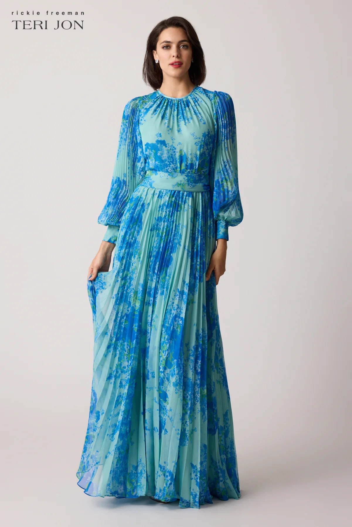 TERI JON - Printed Floral Pleated Maxi Gown in Mint Multi