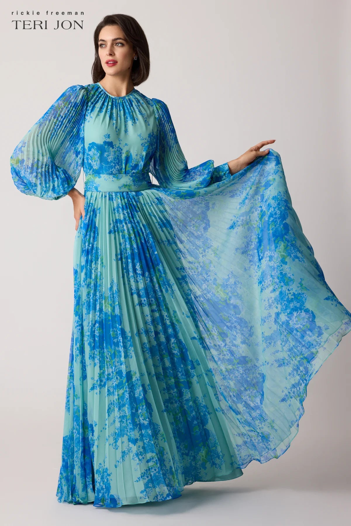 TERI JON - Printed Floral Pleated Maxi Gown in Mint Multi