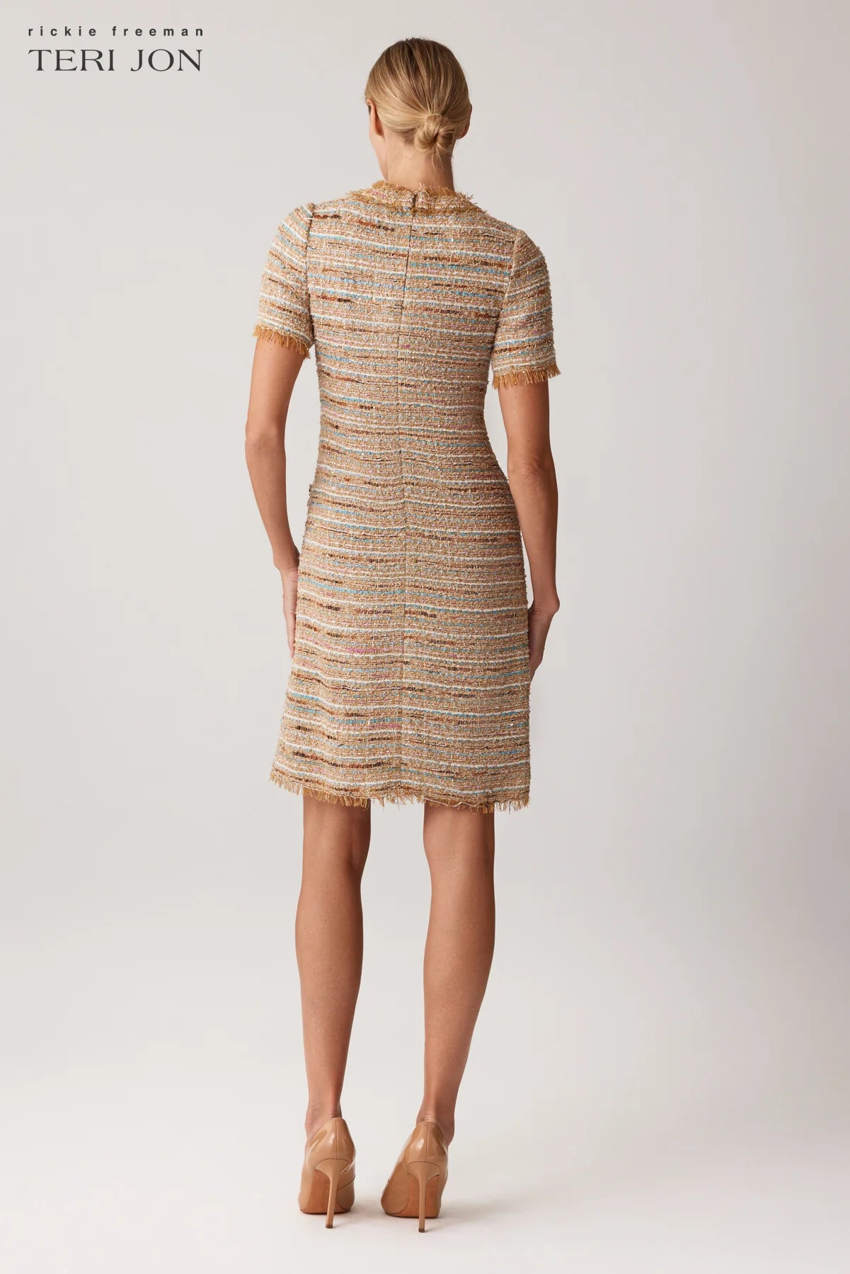TERI JON - Boucle Fringe Trim Dress in Beige Multi