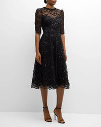 TERI JON - Floral Beaded Tulle Dress in Black