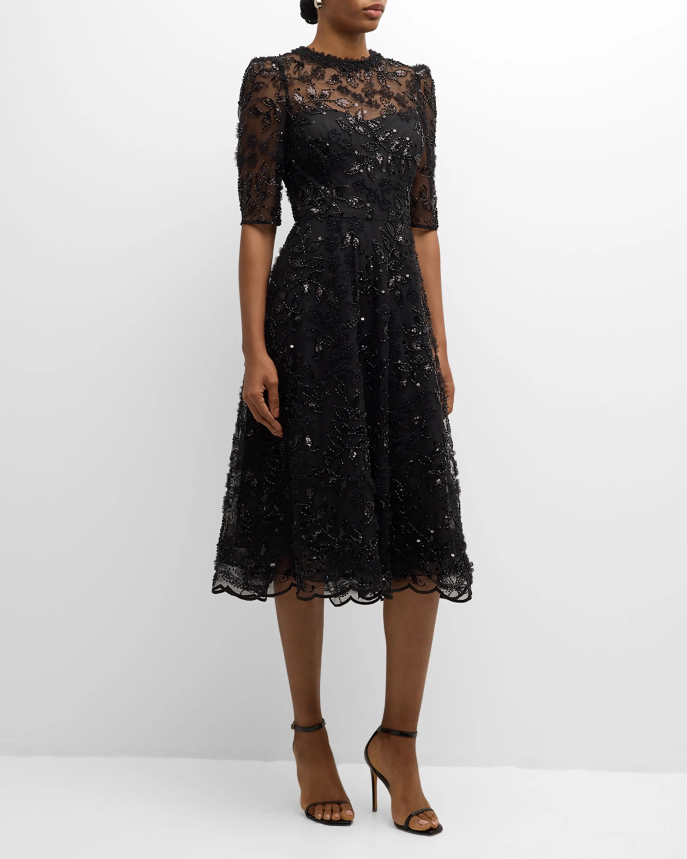 TERI JON - Floral Beaded Tulle Dress in Black