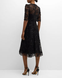 TERI JON - Floral Beaded Tulle Dress in Black
