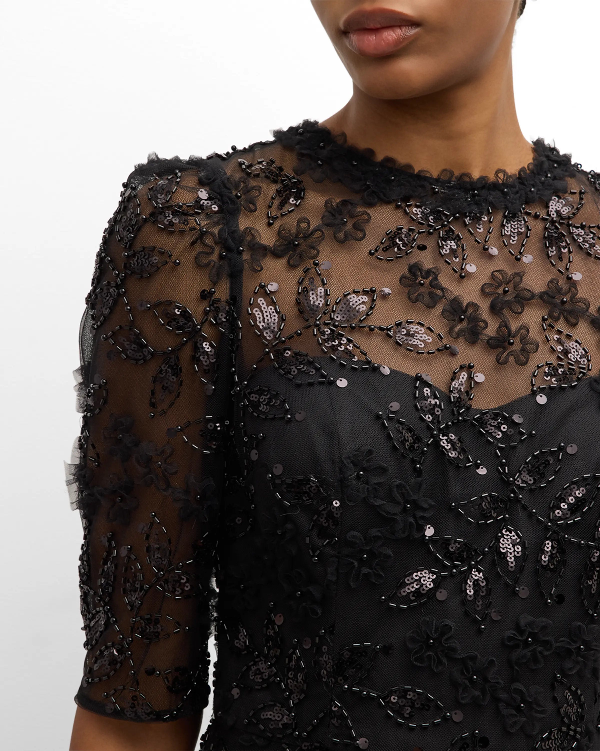 TERI JON - Floral Beaded Tulle Dress in Black