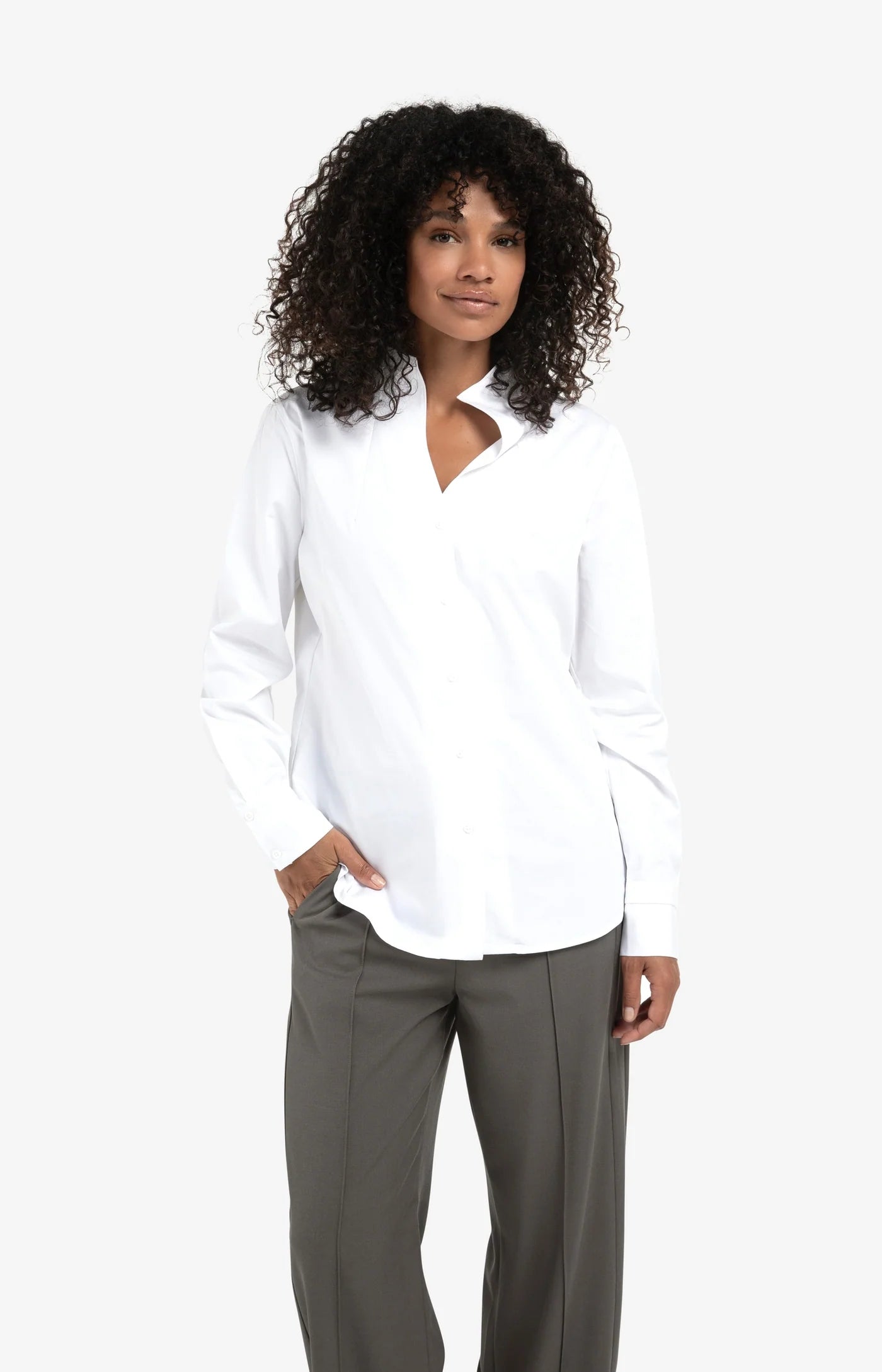 YAYA - Blouse with High V-neck Collar in Pure White