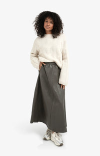 YAYA - Faux leather A-line midi skirt in Dark Taupe Grey je