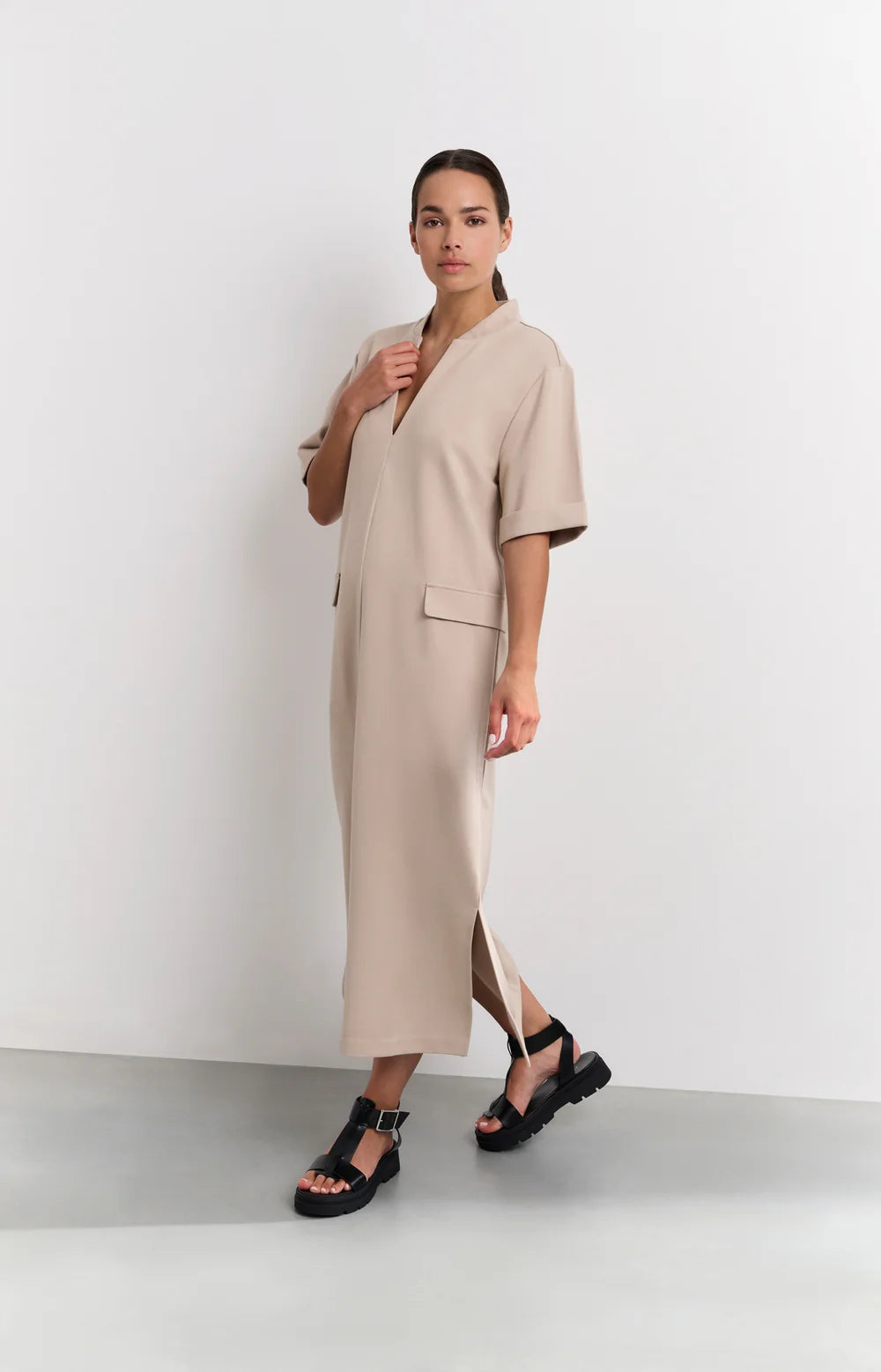 white long sleeve dress bridal shower Shop Seasonal Beige Jersey Dress With Scarf