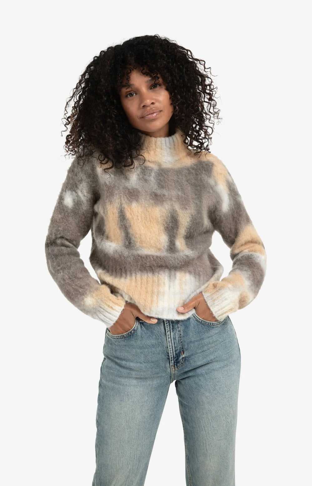 YAYA - High Neck Sweater in Dark Taupe Dessin