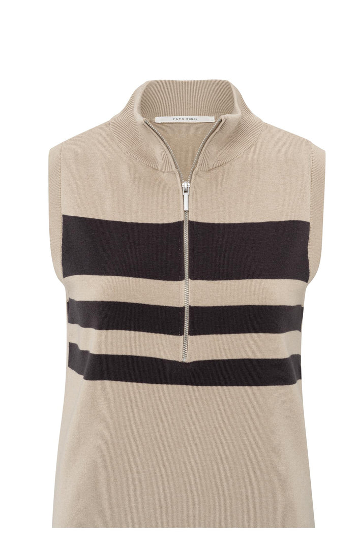 YAYA - Sleeveless Sweater with Zipper in Humus Beige Dessin