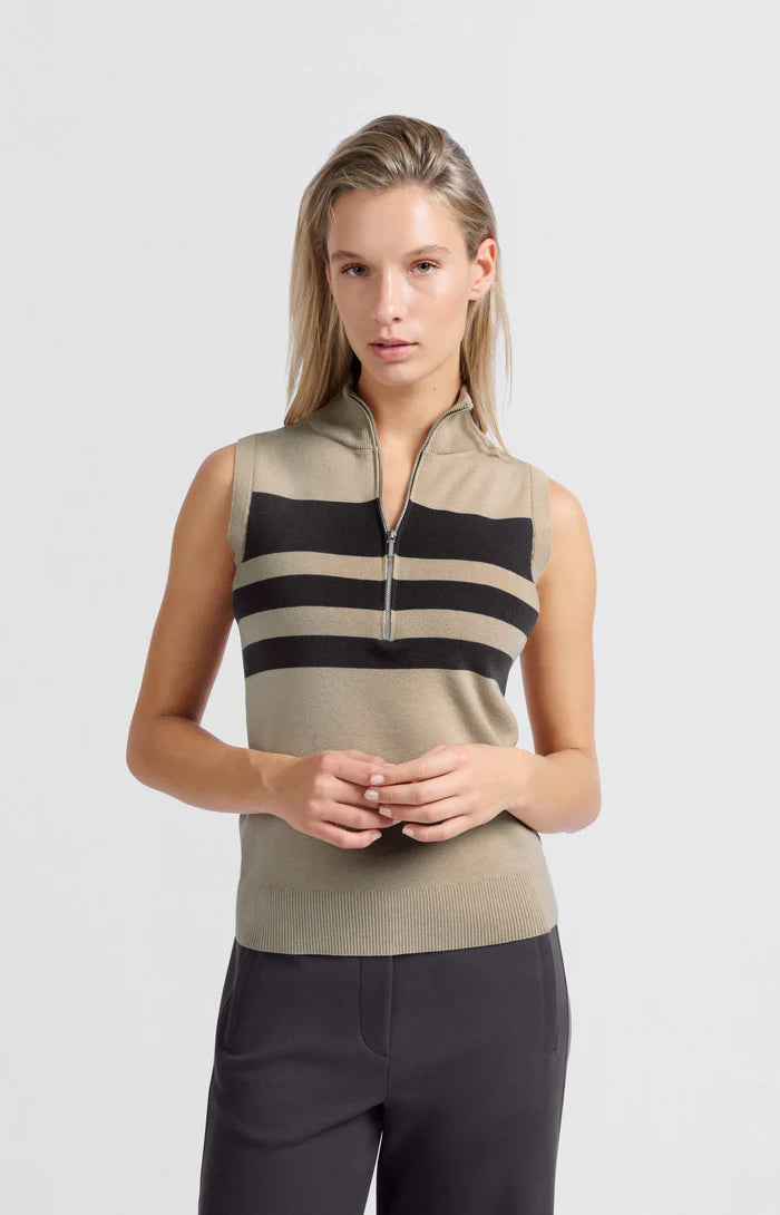 YAYA - Sleeveless Sweater with Zipper in Humus Beige Dessin