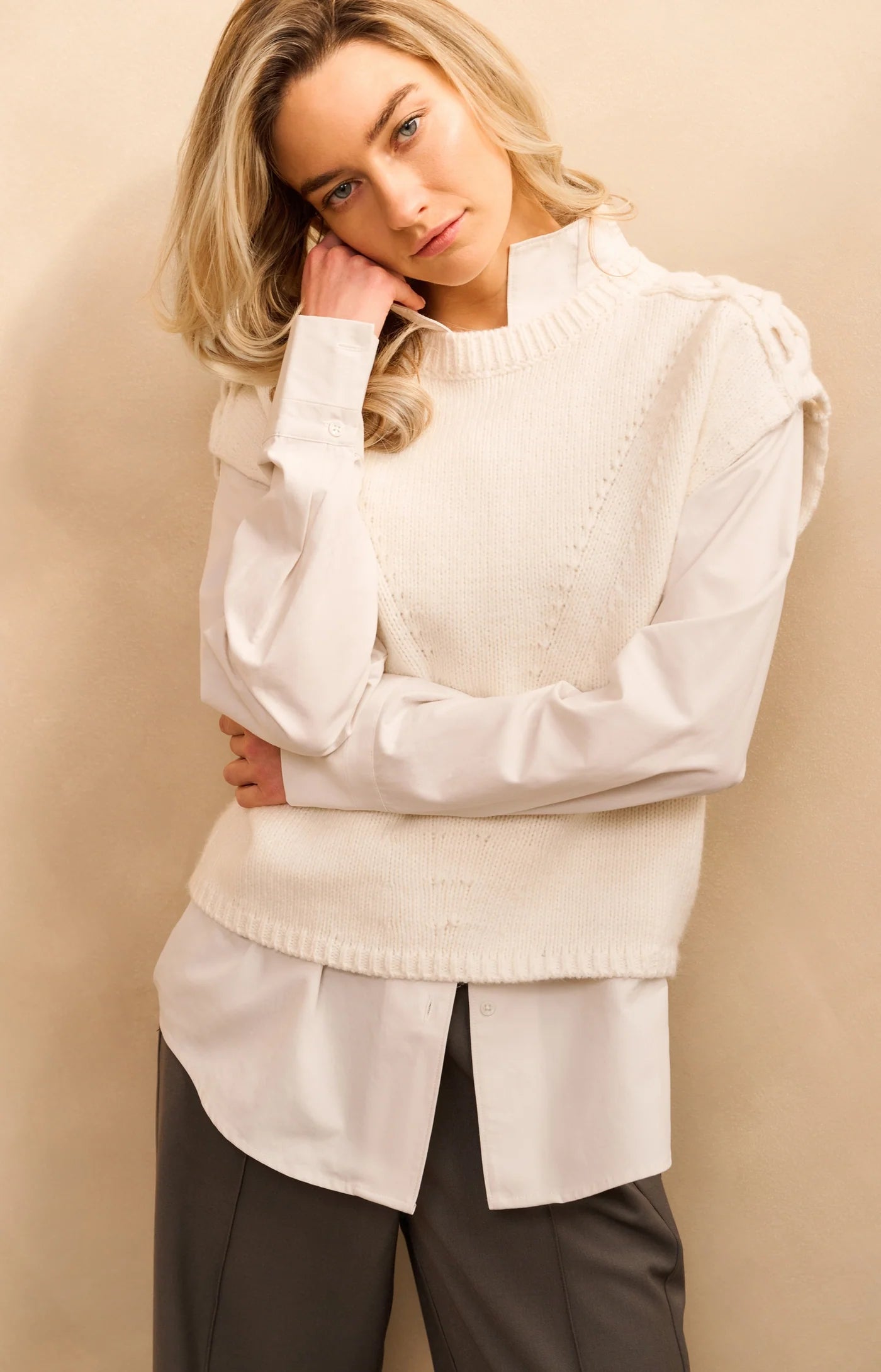 YAYA - Cable Details Sweater Top in Wool White