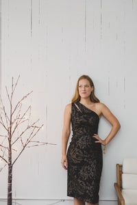 TERI JON - Valerie - Metallic Stretch Jacquard Dress With Slit