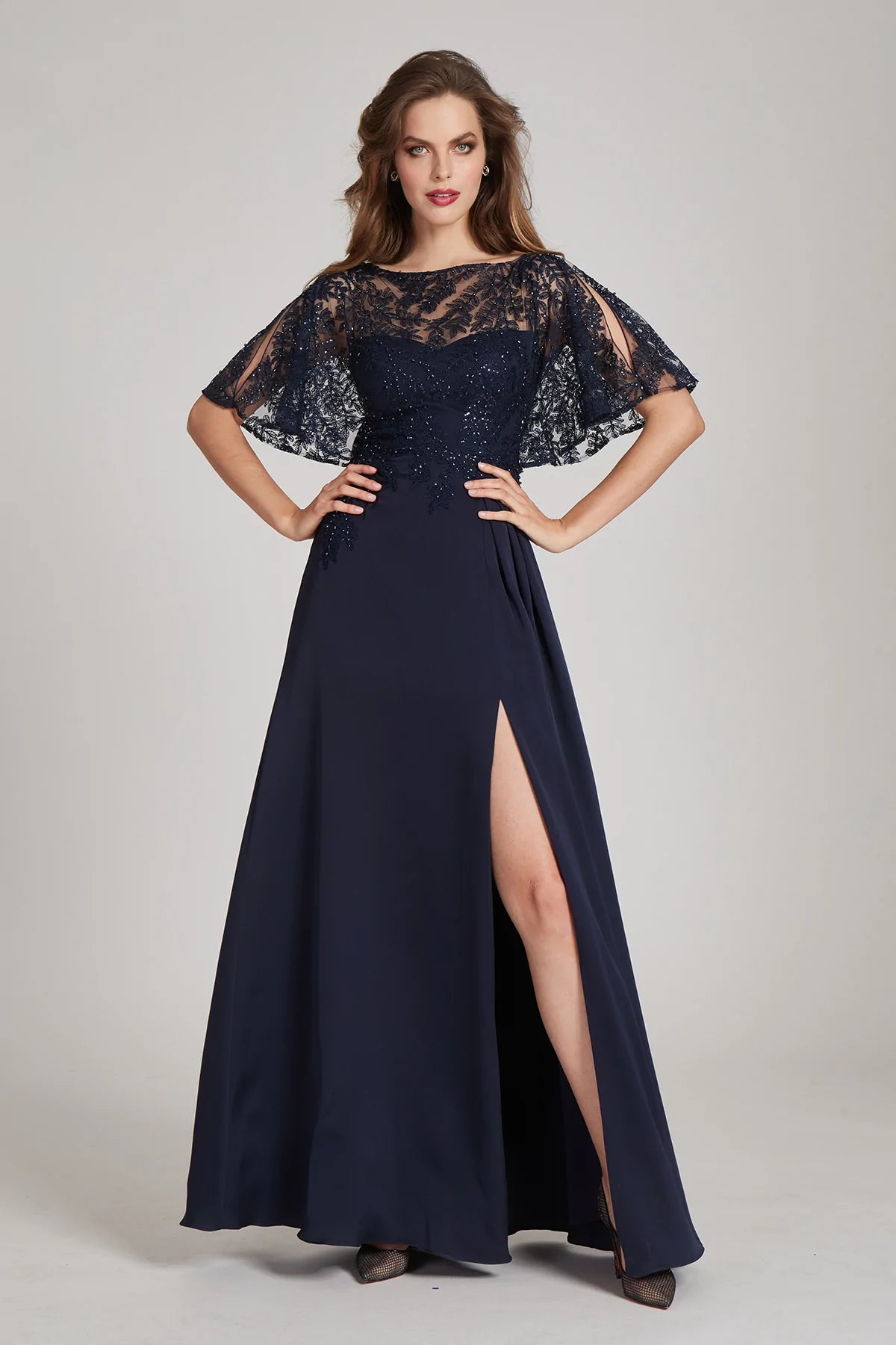 TERI JON - Emma Crepe Gown With Sheer Sequin in Navy
