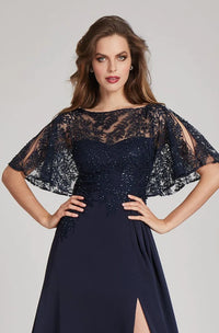 TERI JON - Emma Crepe Gown With Sheer Sequin in Navy