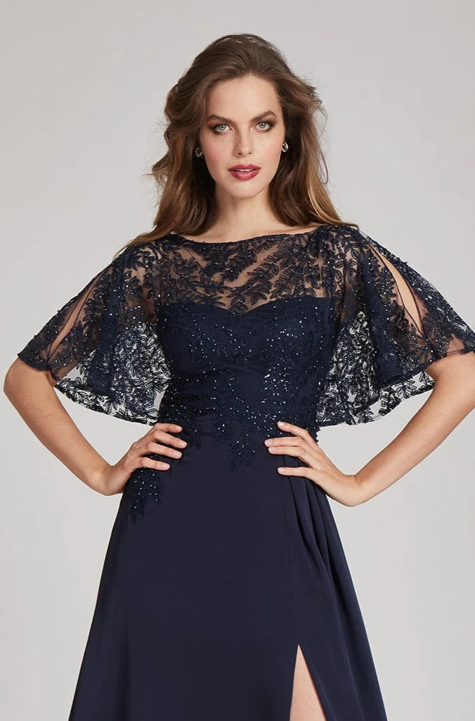 TERI JON - Emma Crepe Gown With Sheer Sequin in Navy