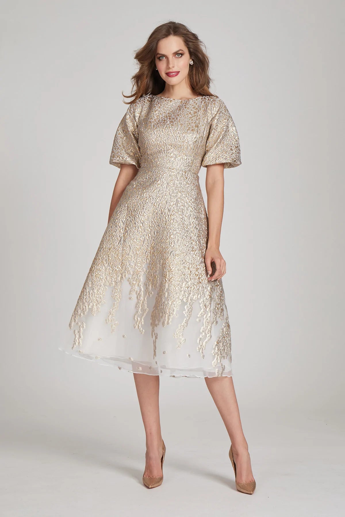 TERI JON - Leoni - Metallic Jacquard Organza Dress - Champagne
