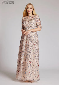 TERI JON - Overlay Gown With 3D Embroidered Florals in Blush Multi