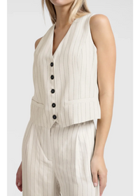 YAYA - Woven Linen Mix Pinstripe Gilet in Sand Linen Beige