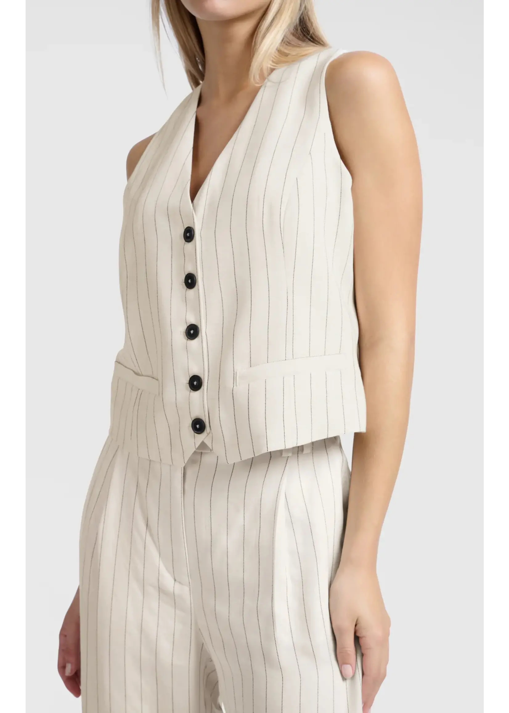YAYA - Woven Linen Mix Pinstripe Gilet in Sand Linen Beige