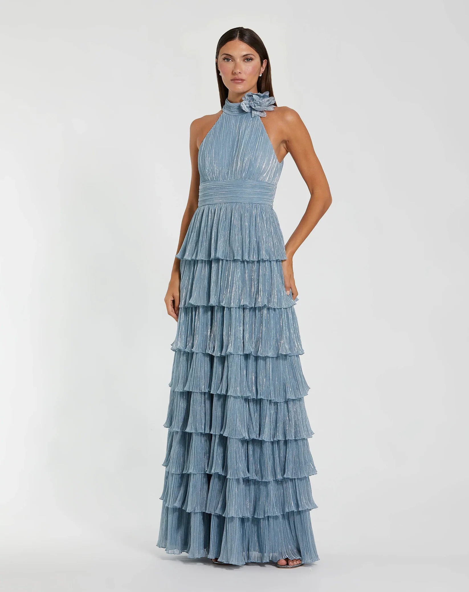 Mac Duggal - Pleated Metallic Ruffle Gown in Powder Blue