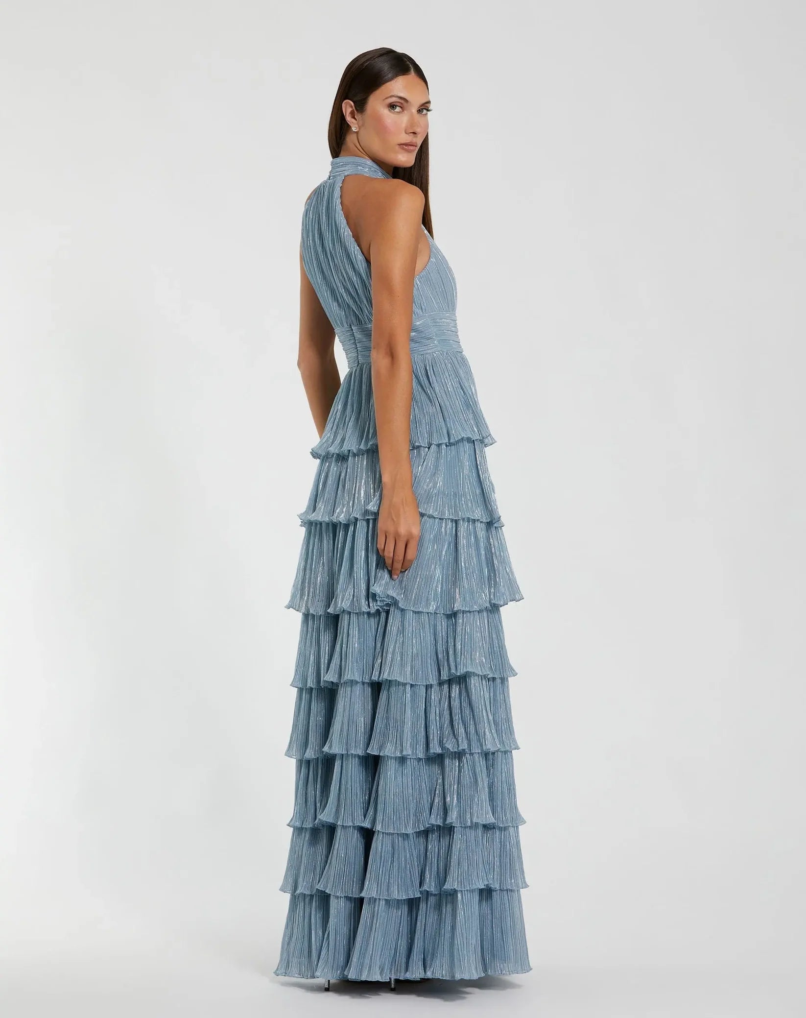 Mac Duggal - Pleated Metallic Ruffle Gown in Powder Blue