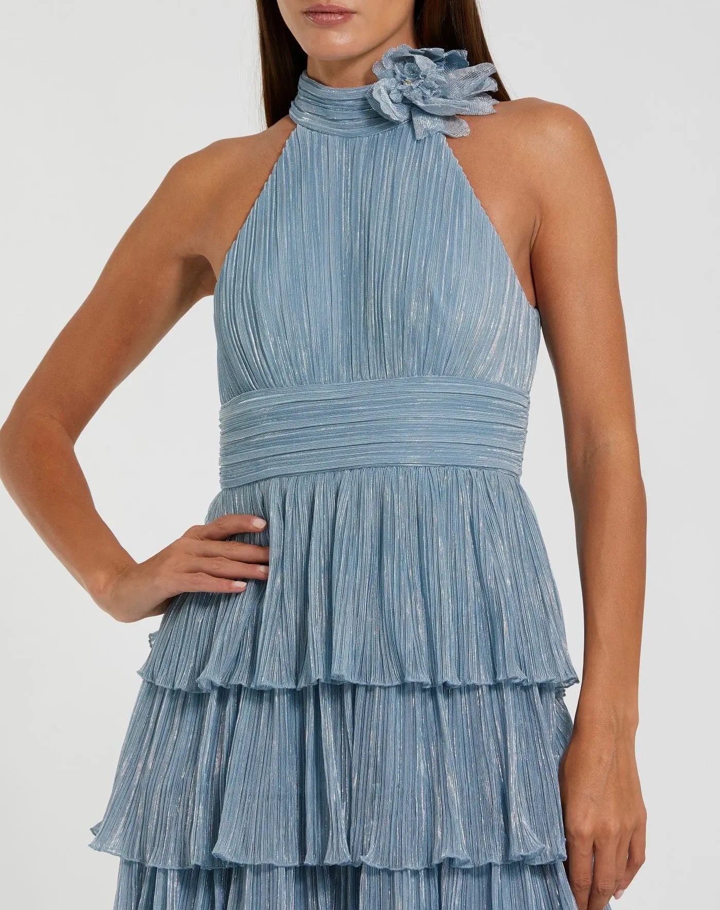 Mac Duggal - Pleated Metallic Ruffle Gown in Powder Blue