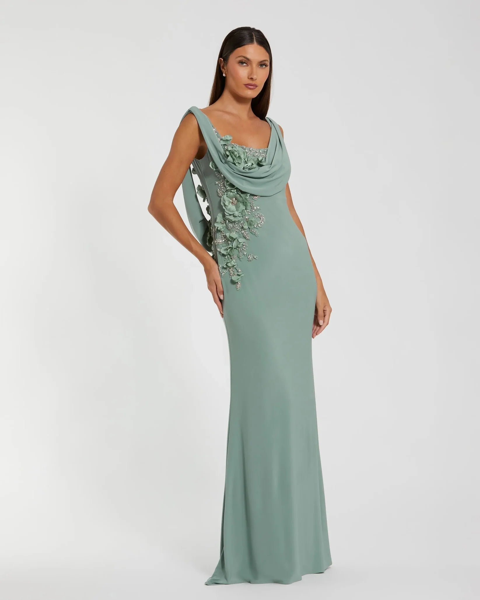Mac Duggal - Sleeveless Jersey Cowl Neck Gown With Beading in Sage
