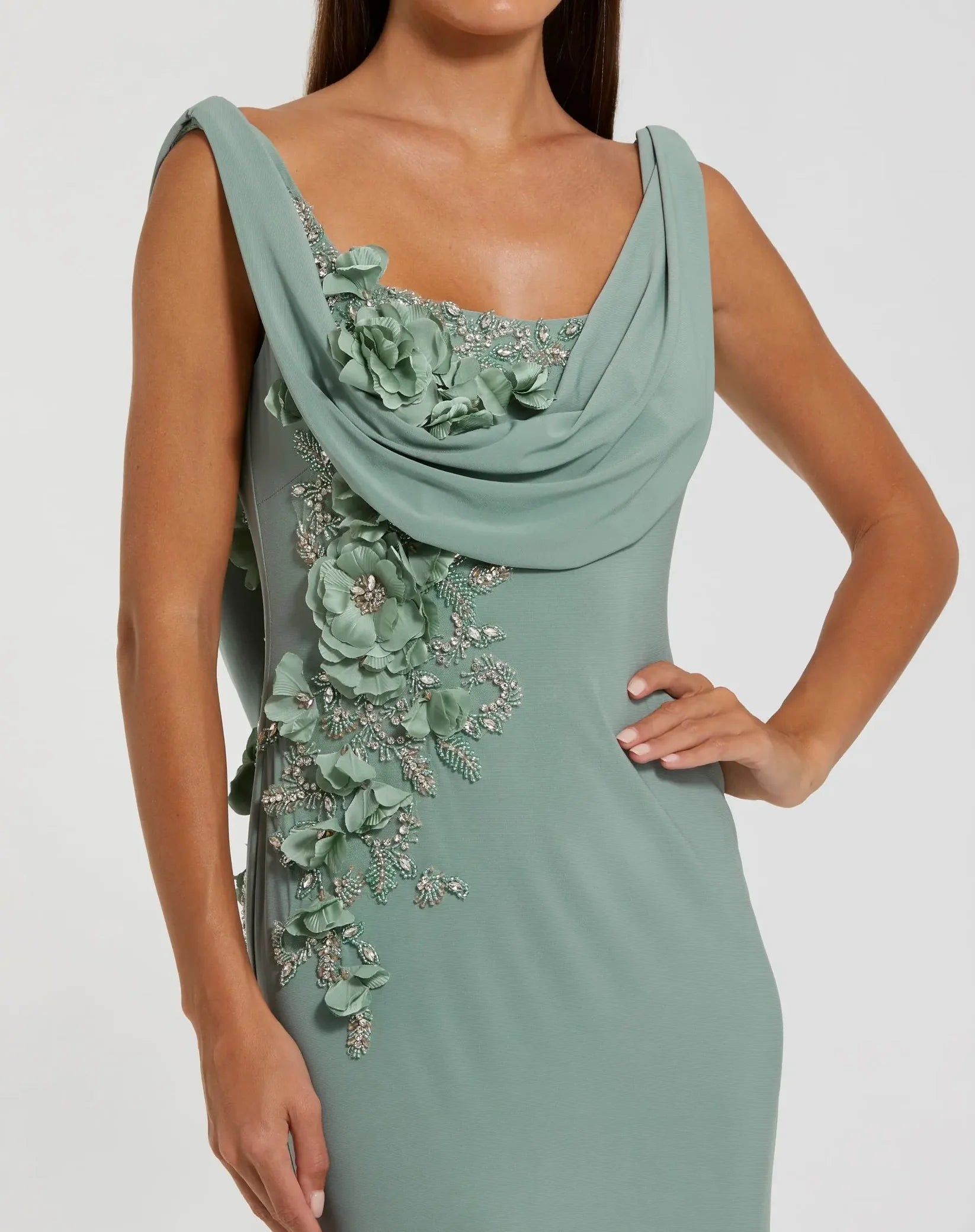 Mac Duggal - Sleeveless Jersey Cowl Neck Gown With Beading in Sage