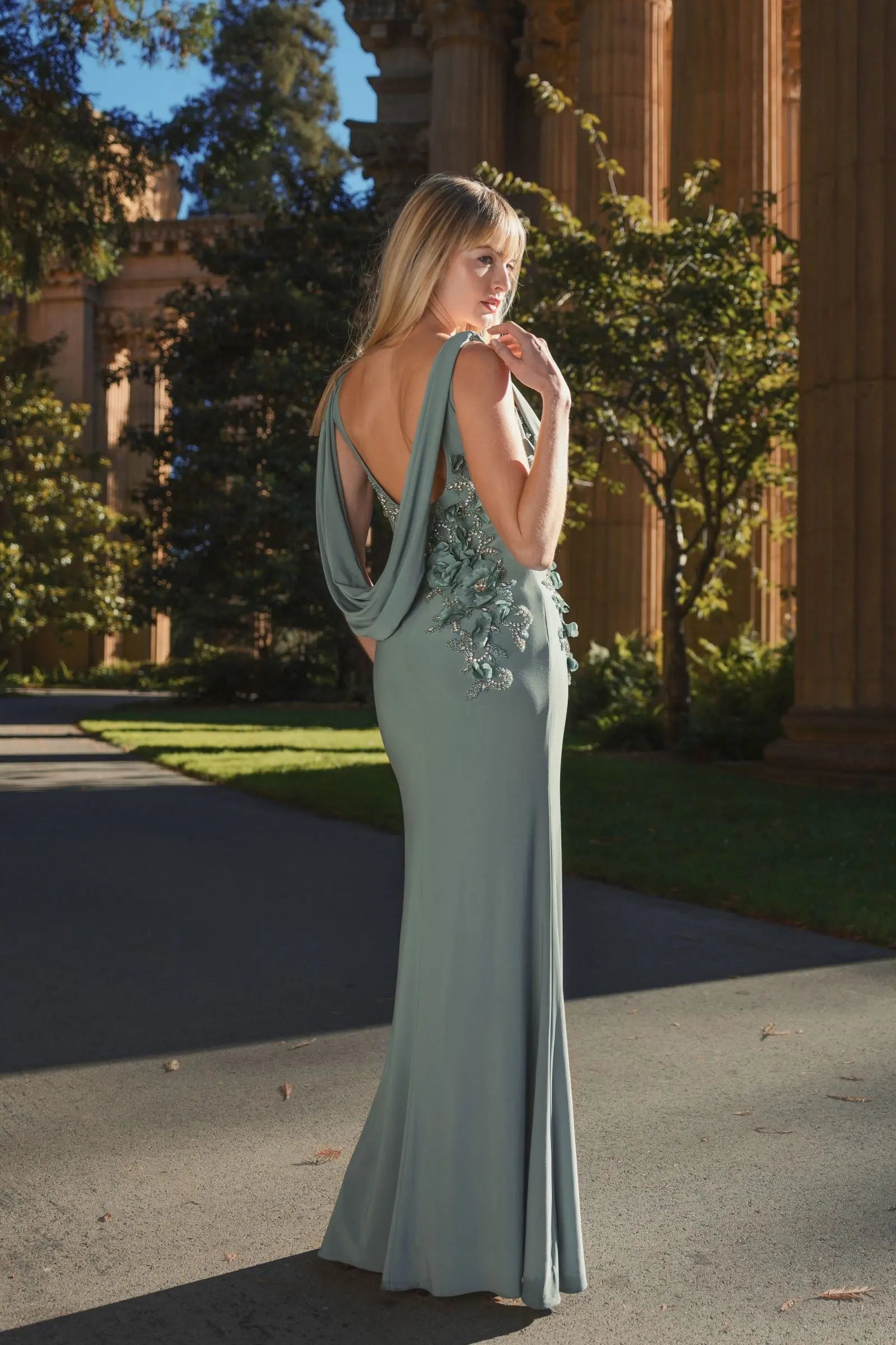 Mac Duggal - Sleeveless Jersey Cowl Neck Gown With Beading in Sage