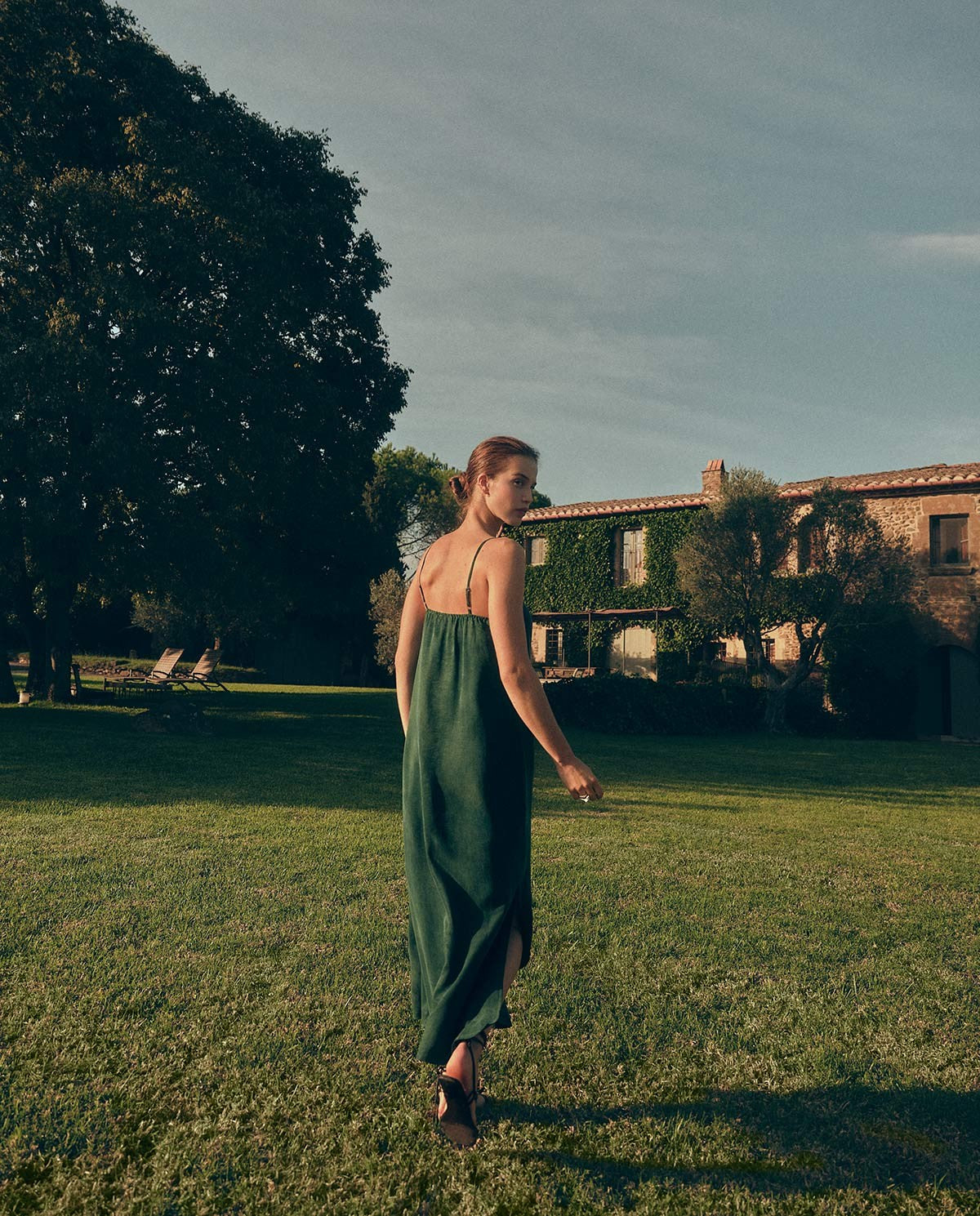 YERSE - Long Spaghetti Strap Dress in Green