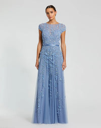 Mac Duggal - Floral Embellished Cap Sleeve Gown in Sky Blue