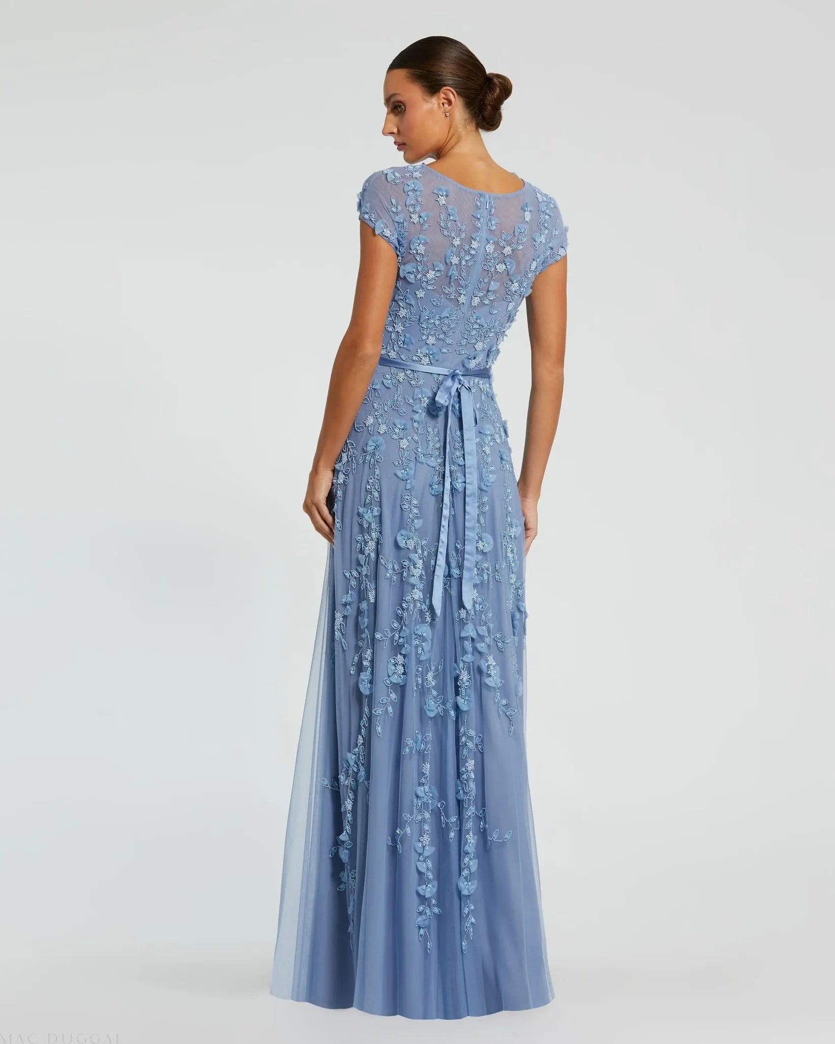Mac Duggal - Floral Embellished Cap Sleeve Gown in Sky Blue